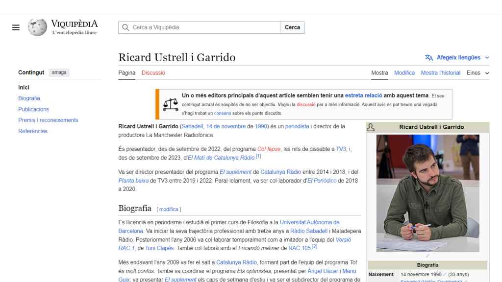 Advertencia sobre la falta de objetividad en la entrada de Viquipèdia sobre Ricard Ustrell