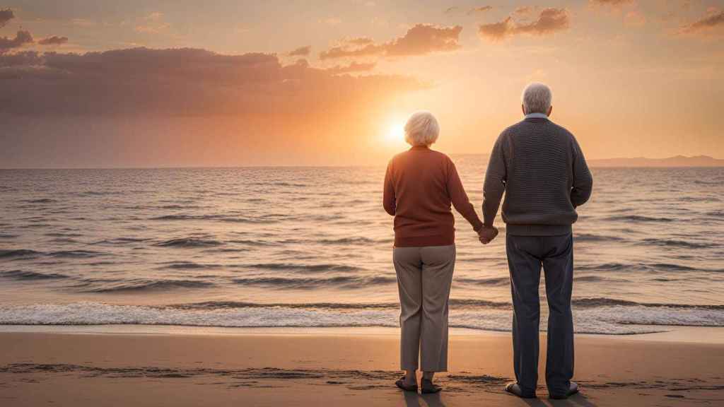 Una pareja de jubilados pasea por la playa
