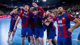 La alegría del Barça de balonmano tras una victoria en la Champions League