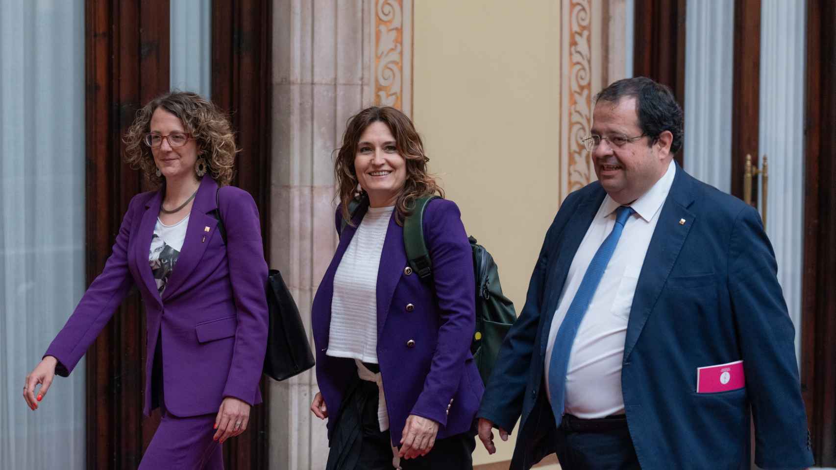 (I-D) La consellera de Igualdad y Feminismos, Tània Verge; la vicepresidenta de la Generalitat, Laura Vilagrà, y el conseller de Interior, Joan Ignasi Elena