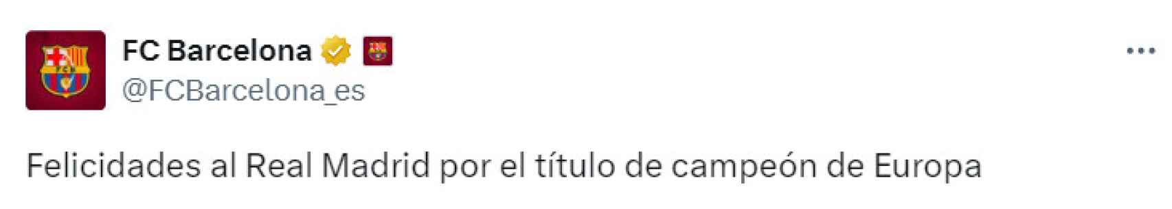 La escueta felicitación del Barça al Real Madrid por la conquista de la Champions League