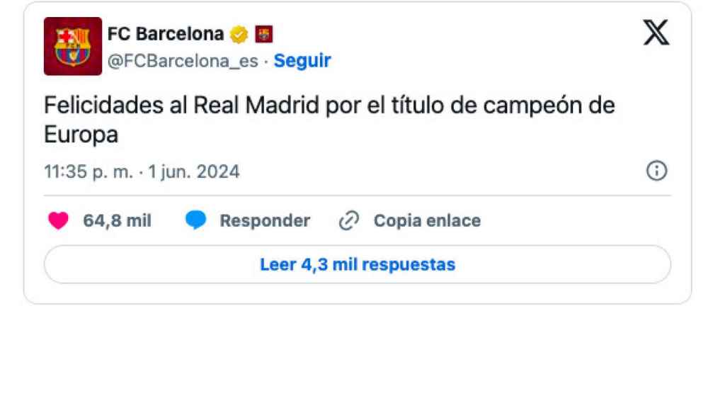 El Barça felicita al Real Madrid por la Champions