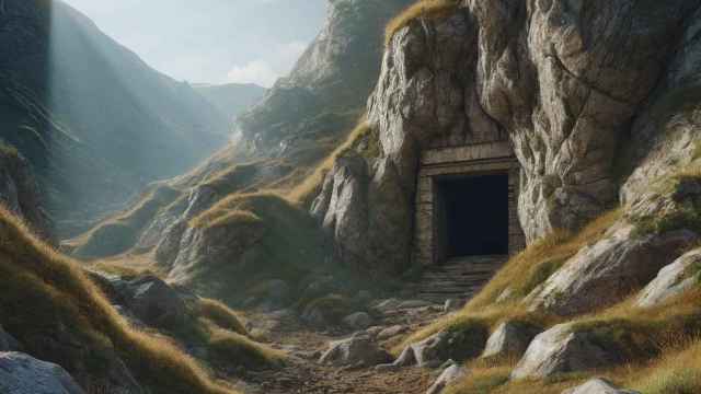 Entrada a una pequeña cueva en una montaña generada con IA