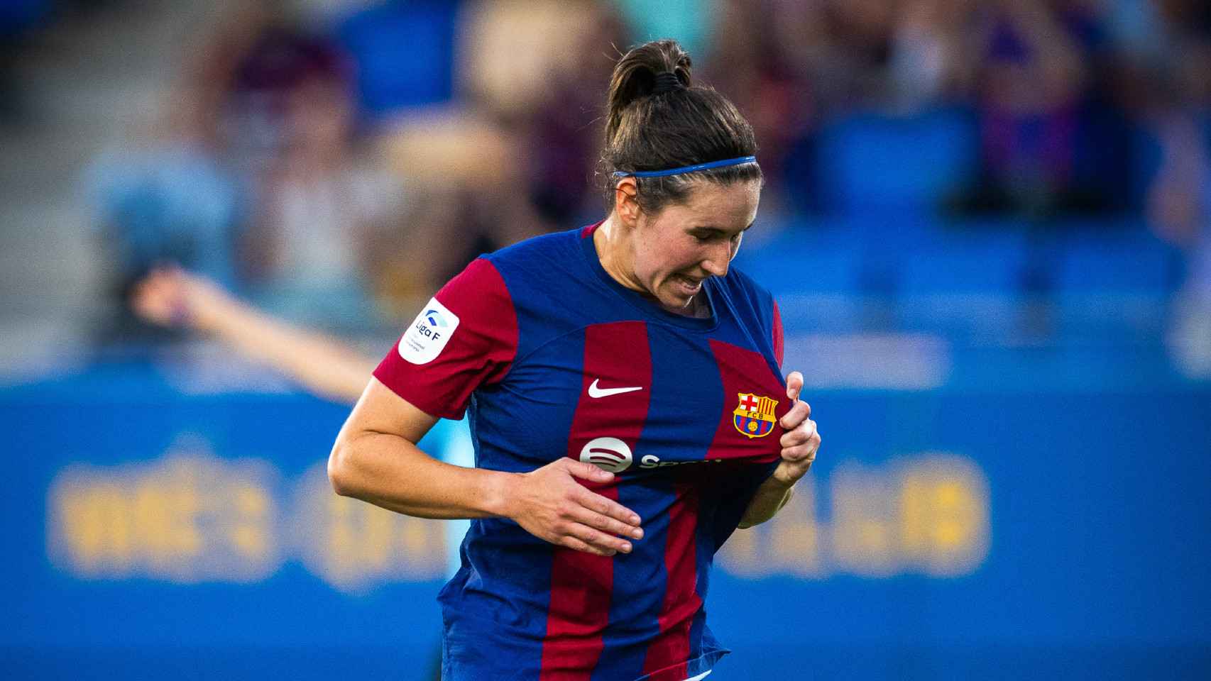 Mariona Caldentey festeja el gol anotado en su último partido en casa del Barça Femenino