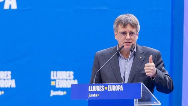 El expresidente de la Generalitat Carles Puigdemont en el mitin final de campaña de las elecciones europeas celebrado en Collioure (Francia)