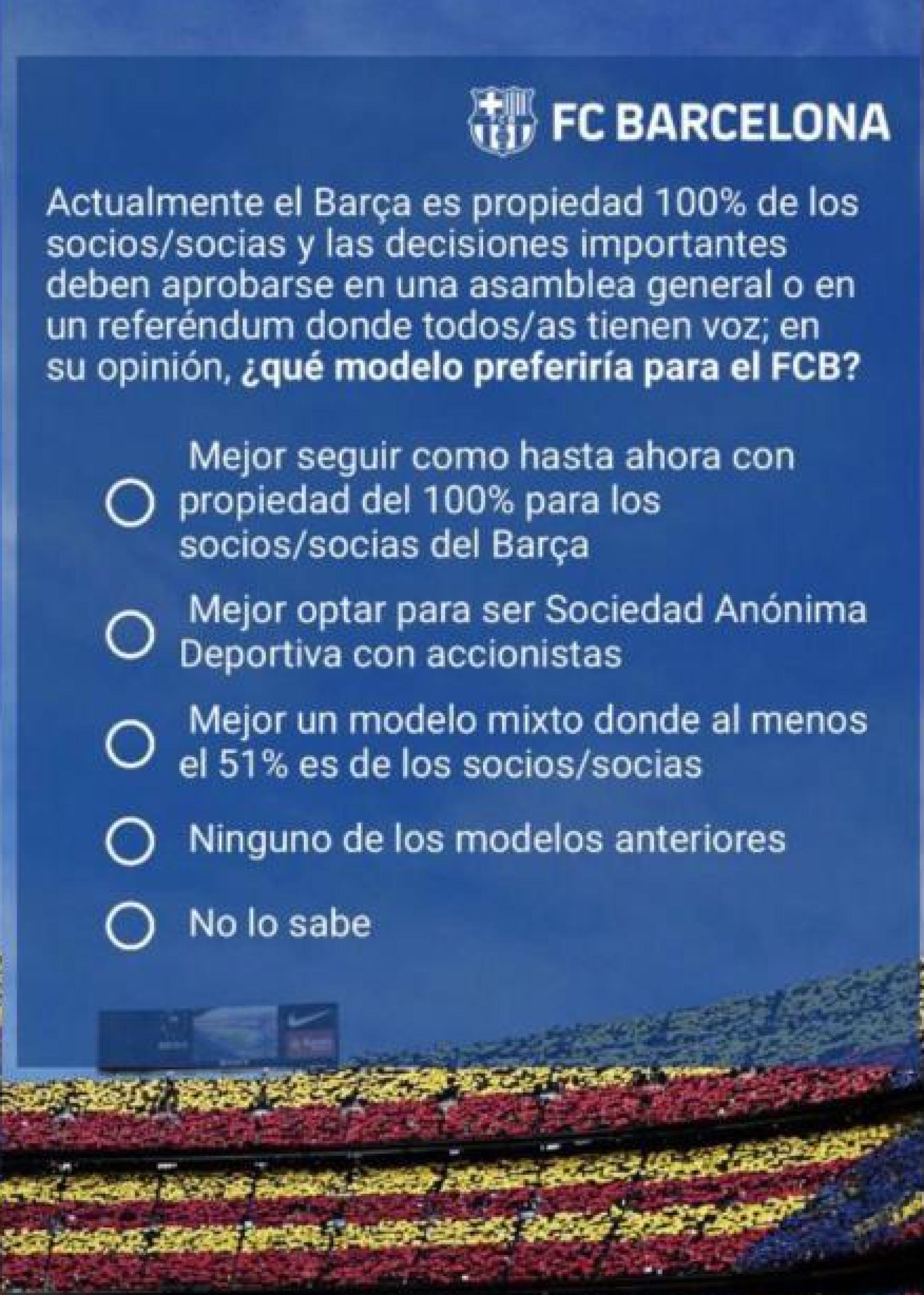 Encuesta del Barça enviada a los socios sobre el modelo de propiedad