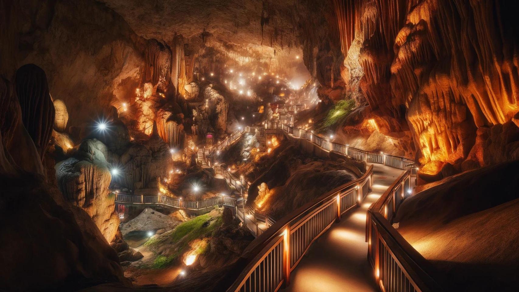 Interior de una cueva iluminada con luces artificiales generada con IA