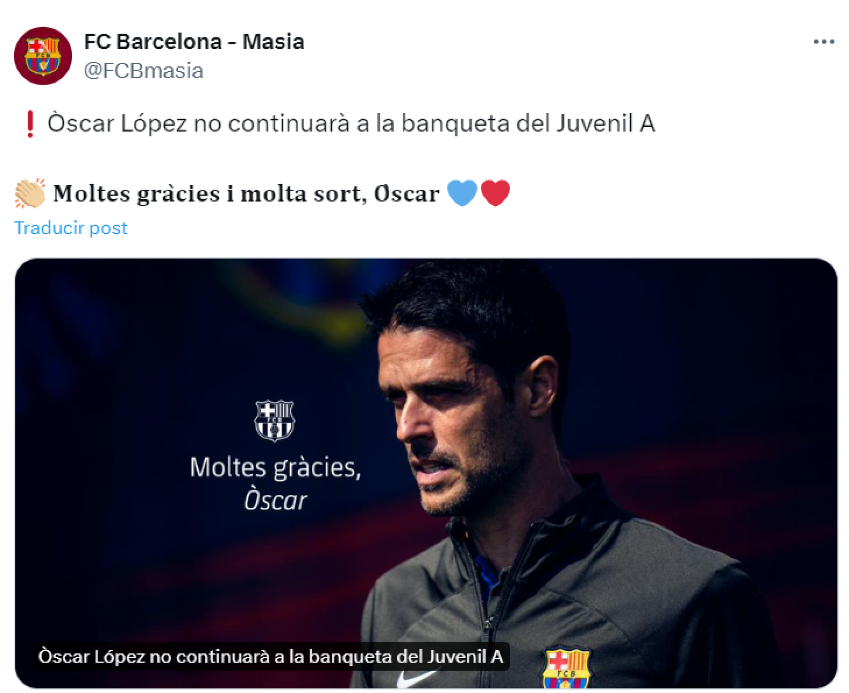 El Barça anuncia el despido de Òscar López, técnico del Juvenil A