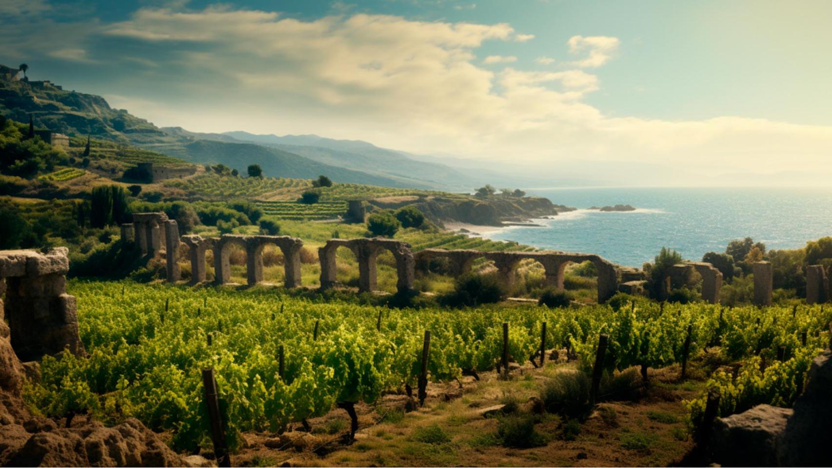 Viñedo con ruinas romanas creadas por IA