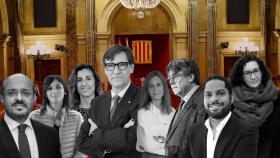 Los líderes de los partidos que han entrado en el Parlament, Salvador Illa (PSC), Carles Puigdemont (Junts), Marta Rovira (ERC), Alejandro Fernández (PP), Ignacio Garriga (Vox), Jéssica Albiach (Comuns), Laia Estrada (CUP) y Sílvia Orriols (AC)