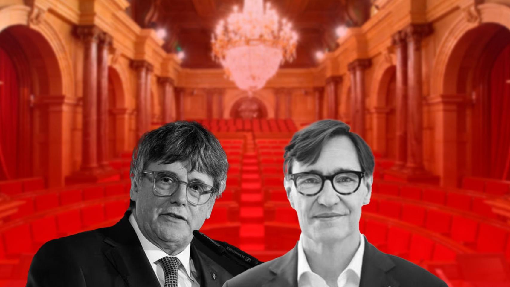 El líder de los socialistas catalanes, Salvador Illa (d), junto al de Junts, Carles Puigdemont (i)