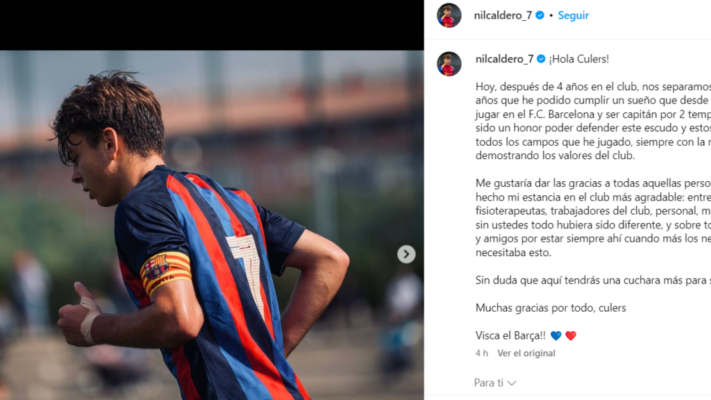 Nil Calderó, capitán del Juvenil A, se despide del Barça