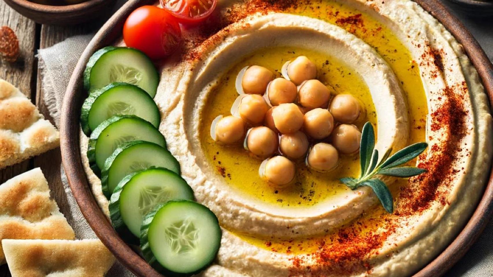 Imagen realista de un plato de hummus generada con IA