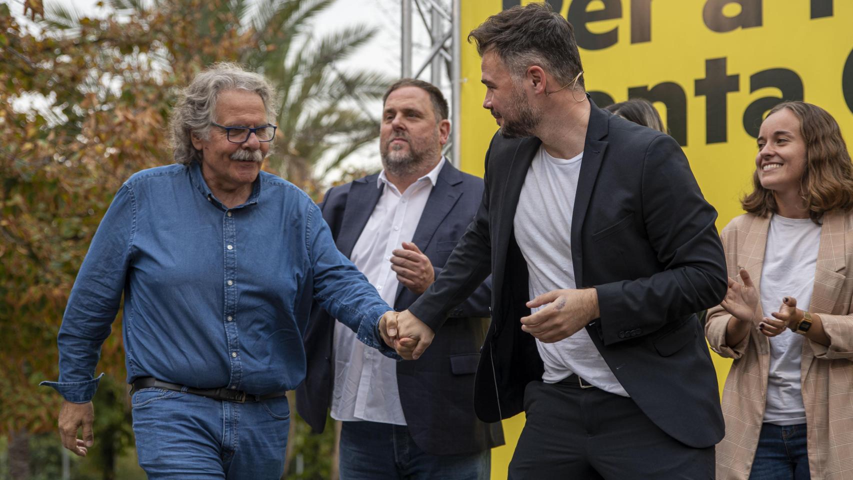 De izquierda a derecha: el exportavoz de ERC en el Congreso Joan Tardà; el presidente de ERC Oriol Junqueras y el actual portavoz en la Cámara Baja, Gabriel Rufián