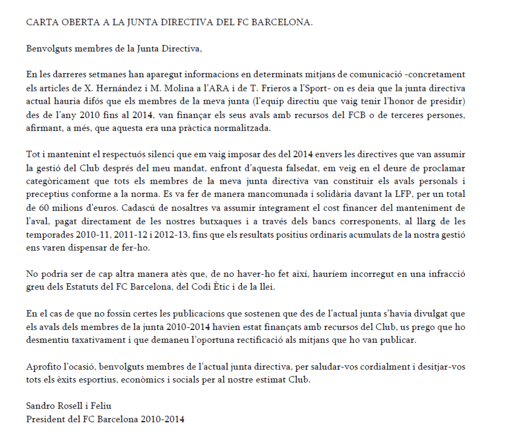 Carta abierta de Sandro Rosell a la junta directiva de Joan Laporta