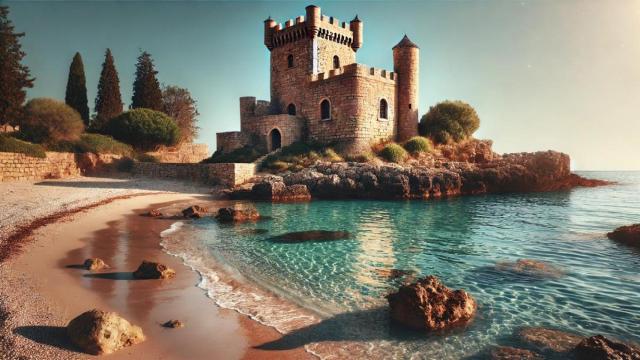 Castillo medieval a los pies de una playa generado con IA