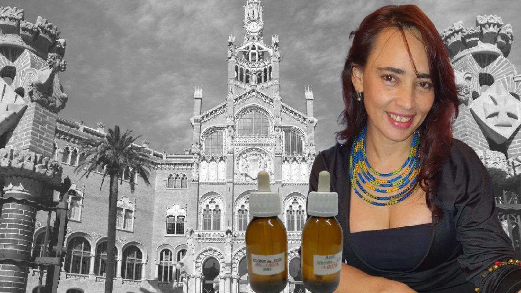 Montaje de Angie con el Hospital de Sant Pau de fondo y dos botellitas de dióxido de cloro