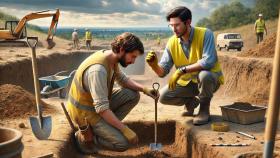 Dos arqueólogos haciendo tareas de excavación generado con IA