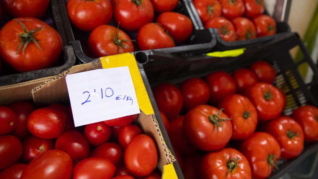 Tomates en un puesto de frutas y verduras de un mercado de abastos