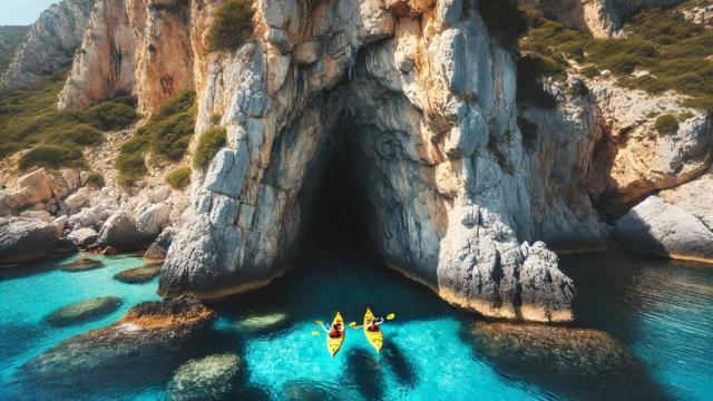 Un grupo en kayak se adentra en una cueva en el mar generado con IA