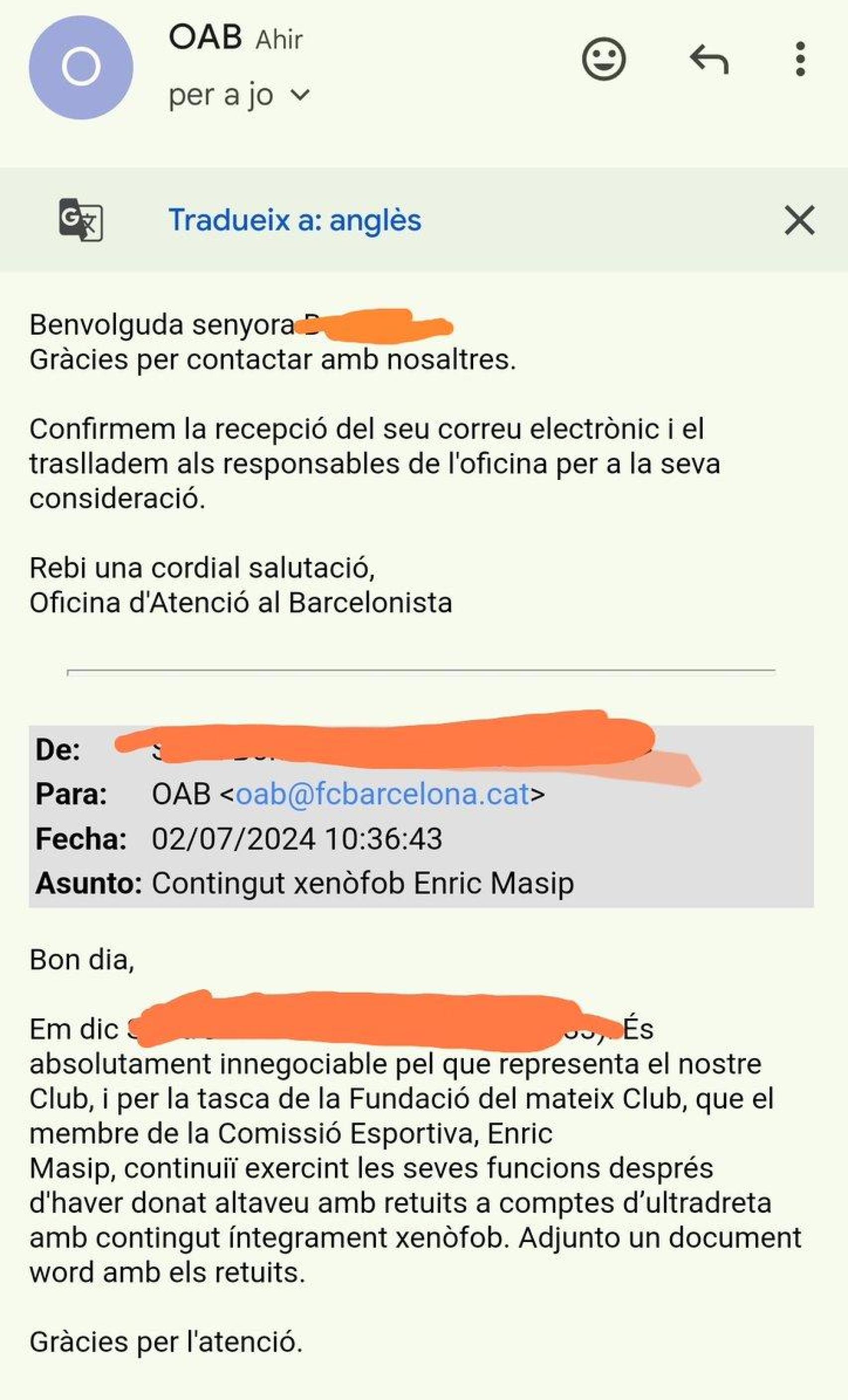 Un socio exige explicaciones al Barça por la postura política de Enric Masip