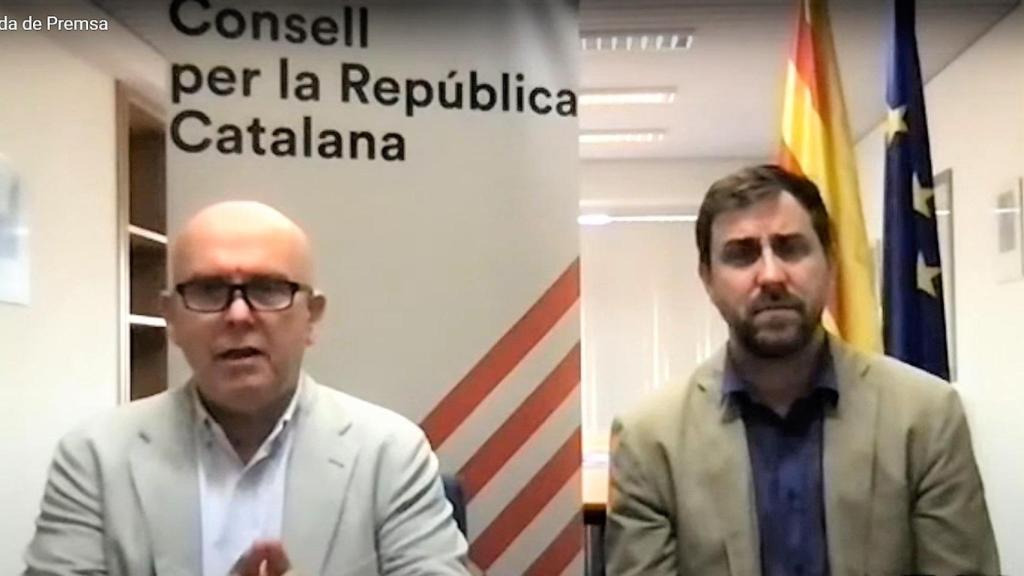 Gonzalo Boye (abogado de Carles Puigdemont) y el exconseller Toni Comín en rueda de prensa telemática