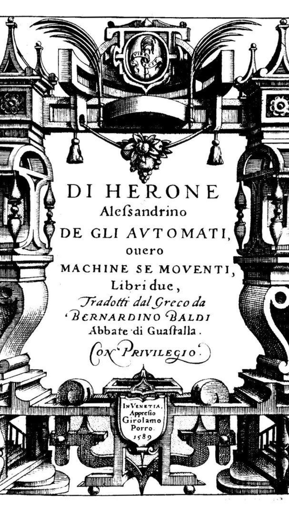 Portada del tratado sobre autómatas de Herón de Alejandría. 1589.
