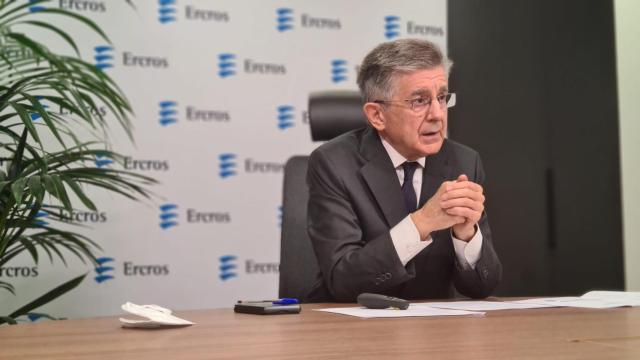 El presidente de Ercros, Antonio Zabalza, durante la rueda de prensa en 2022