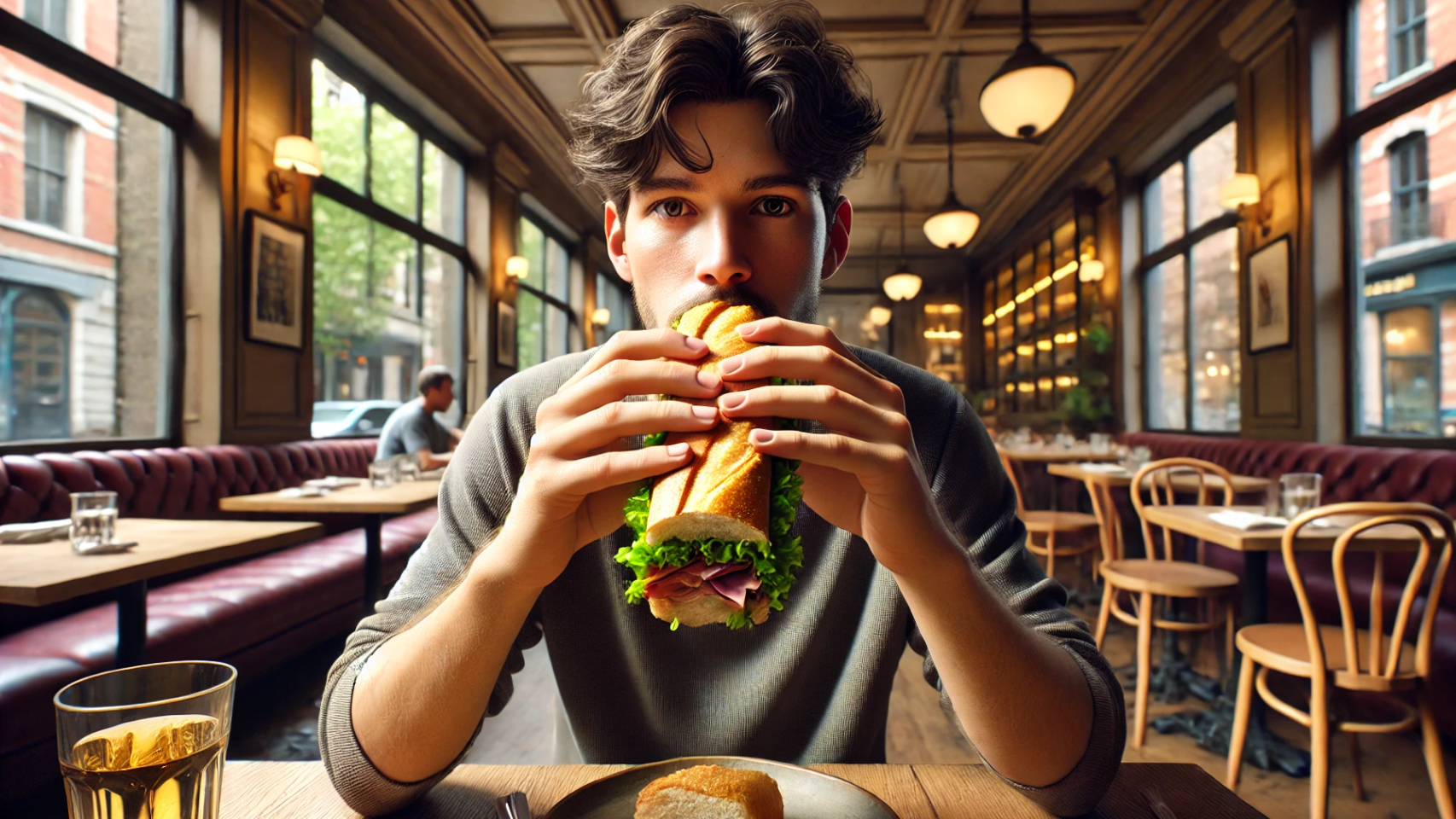 Persona comiéndose un bocadillo en un restaurante