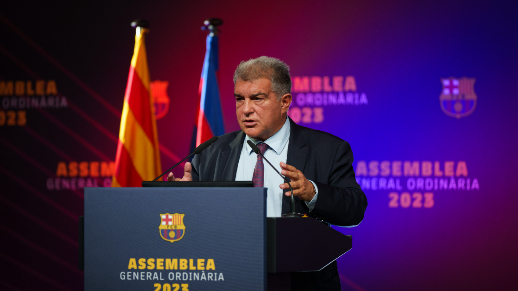 Joan Laporta, en la asamblea general ordinaria del Barça en 2023