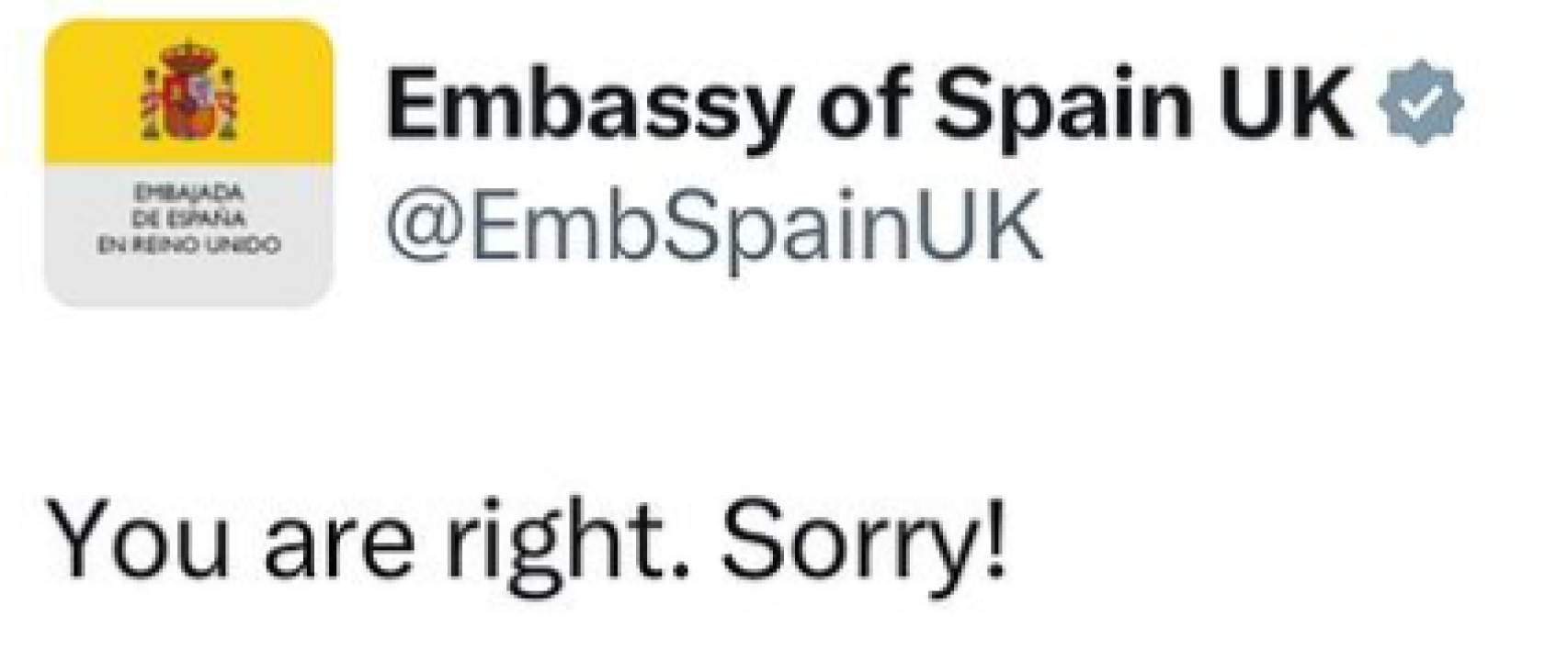 La respuesta de la Embajada de España en Reino Unido al tuitero que ha señalado su error
