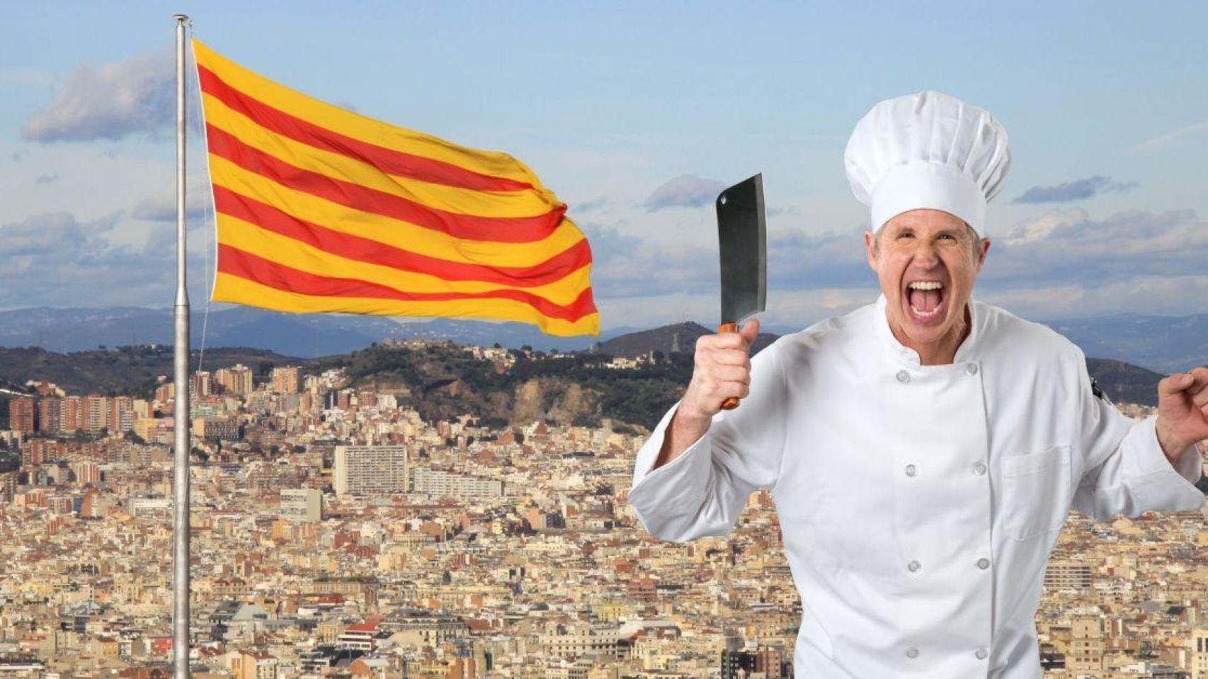Montaje de un cocinero enfadado y la bandera de Cataluña | CANVA