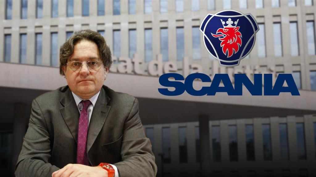 El juez José María Fernández Seijo, la Ciudad de la Justicia y el logotipo del fabricante sueco de camiones Scania