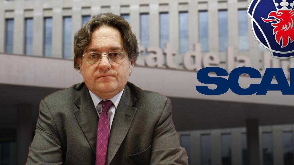 El juez José María Fernández Seijo, la Ciudad de la Justicia y el logotipo del fabricante sueco de camiones Scania