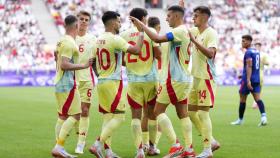La selección española celebra un gol en la victoria frente a República Dominicana