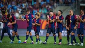 Los futbolistas del Barça celebran la victoria ante el City