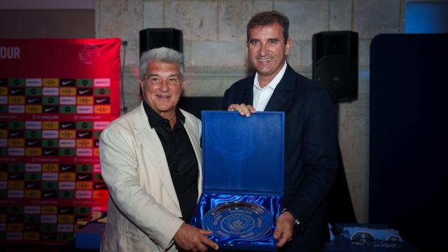 Joan Laporta, con Ferran Soriano en el encuentro institucional antes del Barça-City