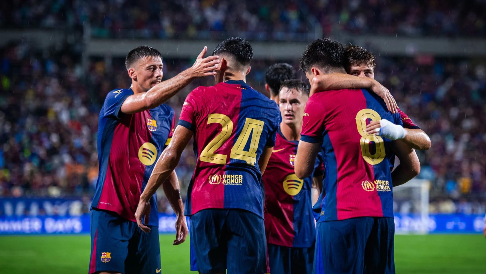 El Barça celebra un gol anotado contra el Manchester City