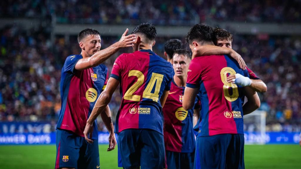 El Barça celebra un gol anotado contra el Manchester City