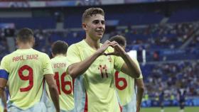 Fermín López, autor de dos goles contra Japón, festeja el pase de España a semifinales de los Juegos Olímpicos