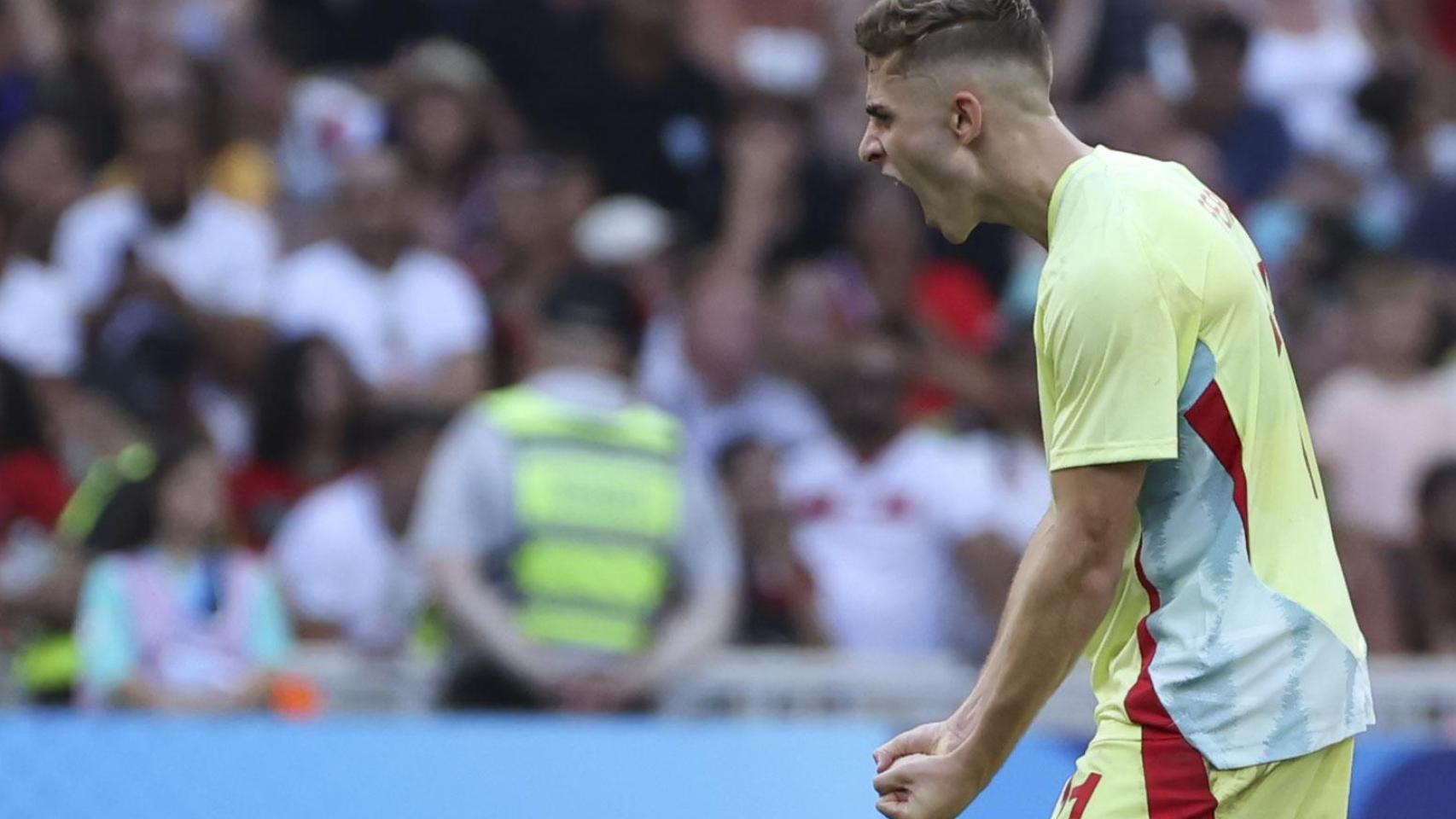 Fermín López celebra su gol contra Marruecos en los Juegos Olímpicos