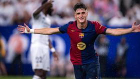 Pau Víctor celebra un gol contra el Real Madrid en un Clásico de pretemporada