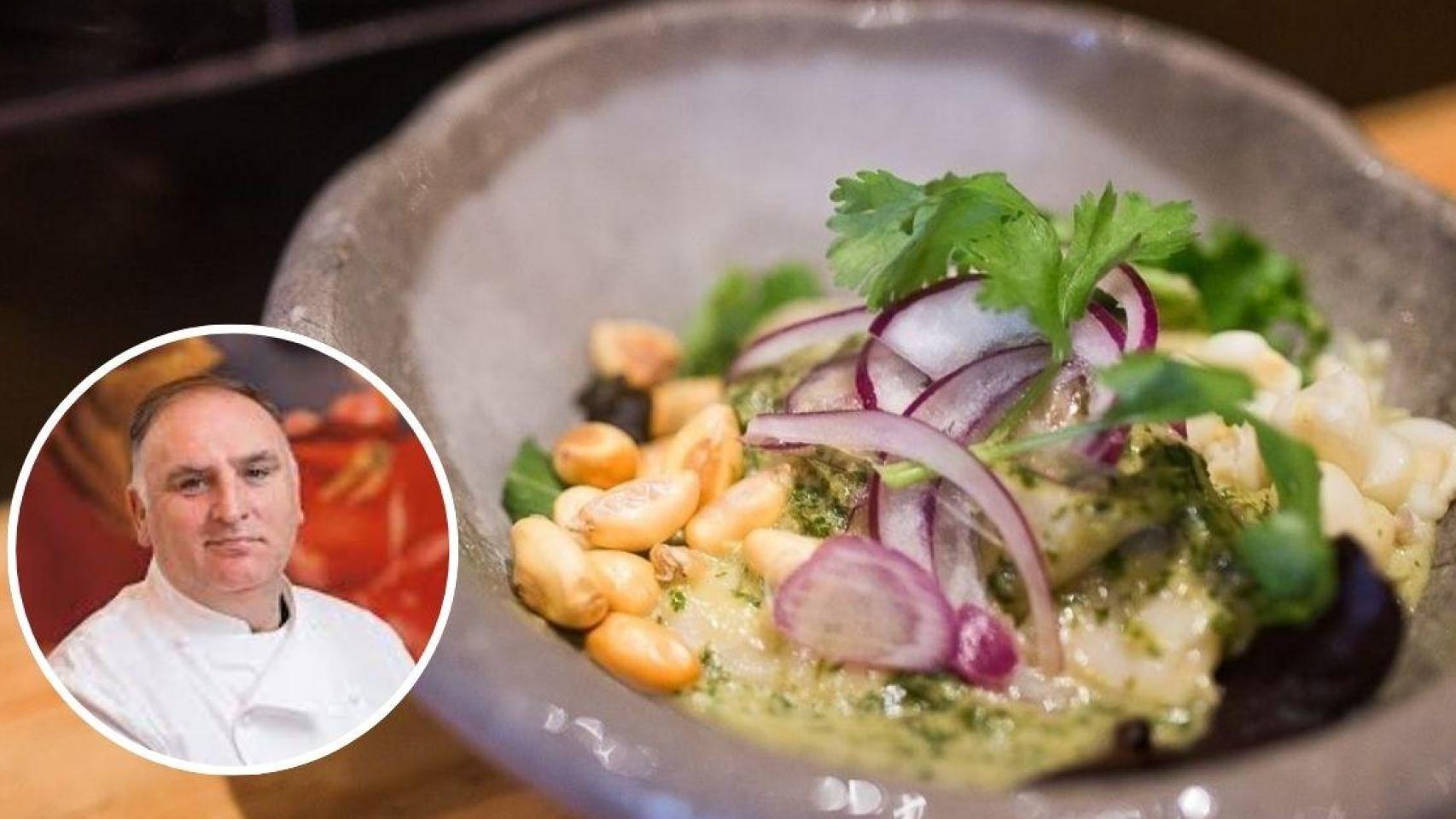 Fotomontaje de ceviche y el chef José Andrés