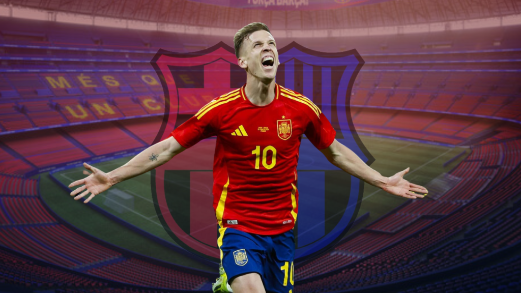 Dani Olmo, con el Camp Nou de fondo en un fotomontaje