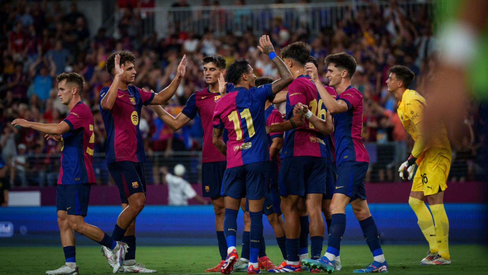 Los jugadores del Barça celebran un gol en el partido de pretemporada contra el Milan