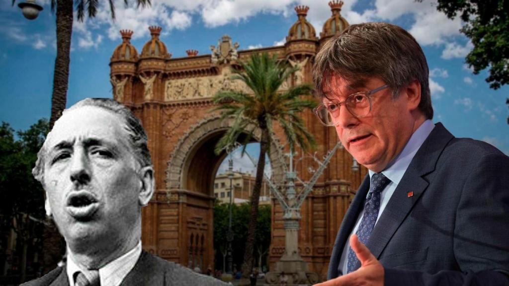 Montaje del expresidente de la Generalitat Lluís Companys (izq.) y Carles Puigdemont ante el Arc de Triomf de Barcelona