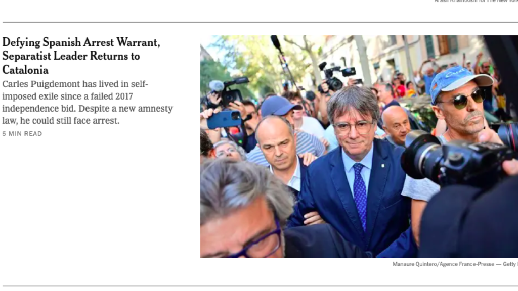 El prófugo Puigdemont, en la portada del 'NYT'