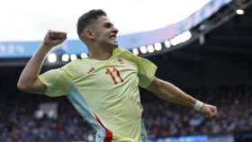 Fermín López celebra su doblete contra Francia en la final de los Juegos Olímpicos