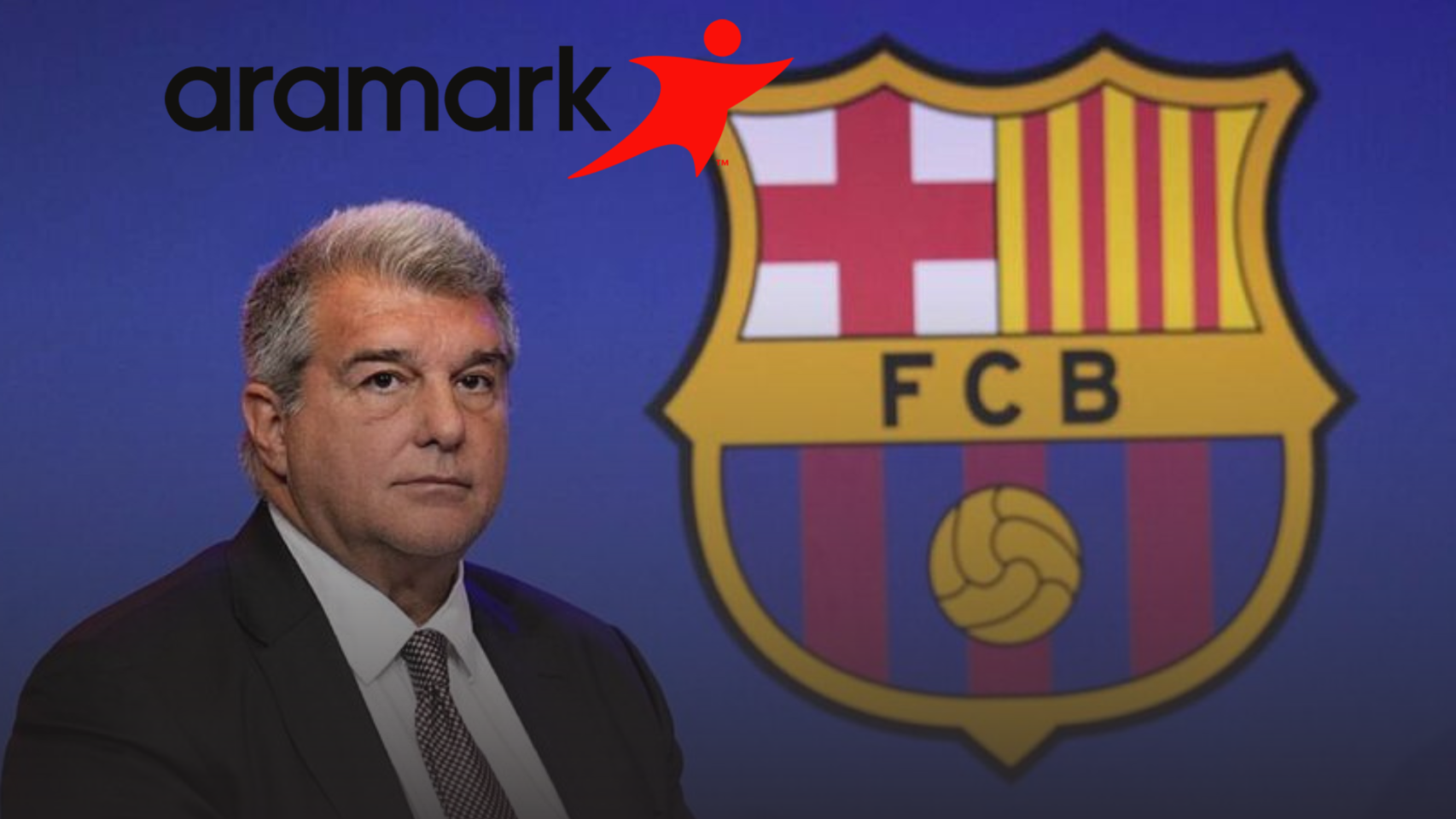 Joan Laporta, con el escudo del Barça y el logotipo de Aramark en un montaje