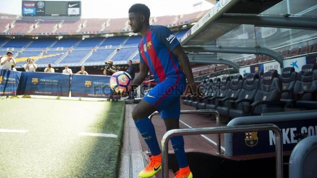 Samuel Umtiti en su presentación con el Barça